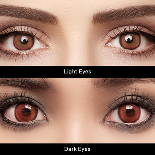 Comparison of Red Hot Rebel contact lenses on light eyes and dark eyes, showing bold red color and vibrant coverage for both eye types.