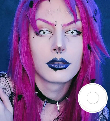 Cosplayer with pink hair wearing Intense White Crazy Lens delivering an eerie and unique look