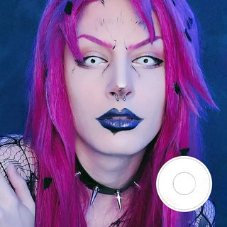 Cosplayer with pink hair wearing Intense White Crazy Lens delivering an eerie and unique look