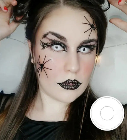 Spider-inspired Halloween makeup featuring the Intense White Halloween Lens creating a creepy effect