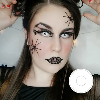 Spider-inspired Halloween makeup featuring the Intense White Halloween Lens creating a creepy effect