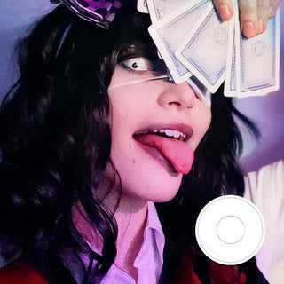 Cosplayer with Intense White Crazy Lens holding cards, creating a spooky and playful Halloween vibe