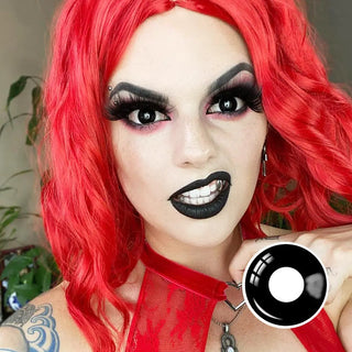 Cosplayer with vampire makeup and red hair wearing Intense Black Crazy Lens, perfect for a Halloween vampire look