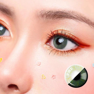 Zoomed-in image highlighting the green and yellow tones of the Perfect Hue Meloni Green lenses on the model's eyes.