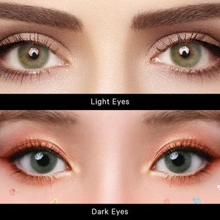 Comparison image displaying Perfect Hue Meloni Green lenses on light eyes (upper view) and dark eyes (lower view) to showcase differences.