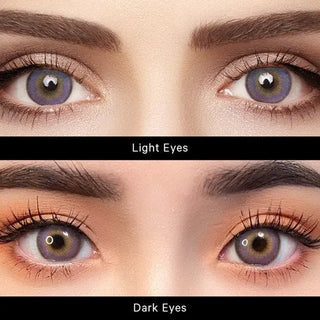 Comparison image displaying Say Yes Nightout Violet lenses on light eyes (upper view) and dark eyes (lower view) to showcase difference.