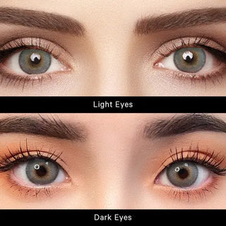 Comparison image displaying Say Yes Spotlight Gray lenses on light eyes (upper view) and dark eyes (lower view) to showcase differences.