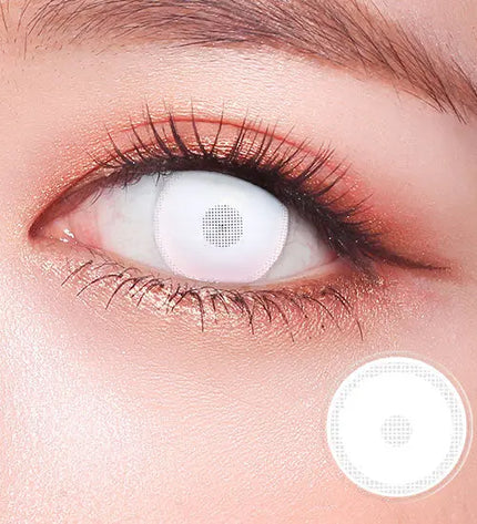 Closeup of Zombie White Screen contact lens in eye, creating a dramatic undead effect for Halloween