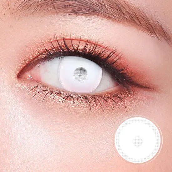 Closeup of Zombie White Screen contact lens in eye, creating a dramatic undead effect for Halloween