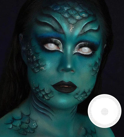 Creature-inspired makeup featuring Zombie White Screen lenses, perfect for Halloween cosplay