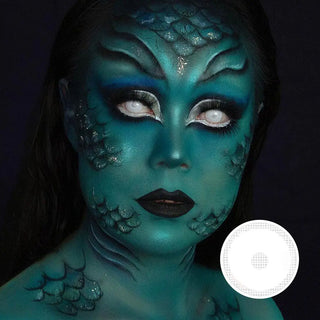 Creature-inspired makeup featuring Zombie White Screen lenses, perfect for Halloween cosplay